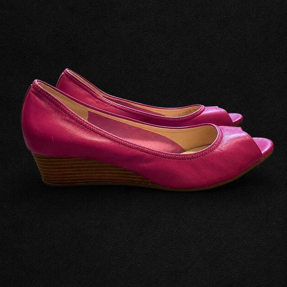 Cole Haan Womens 7.5B Pink Leather Peep Toe Wedge Pumps Comfort Slip On Shoes - Picture 3 of 6